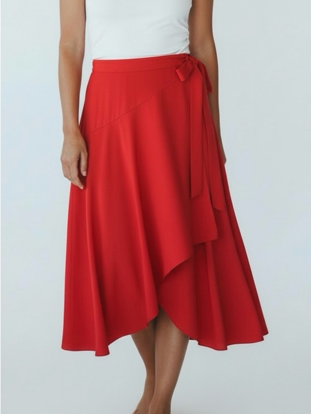 NWT BCBGMAXAZRIA Poppy Red Asymmetrical Midi Skirt Tie Waist Women M